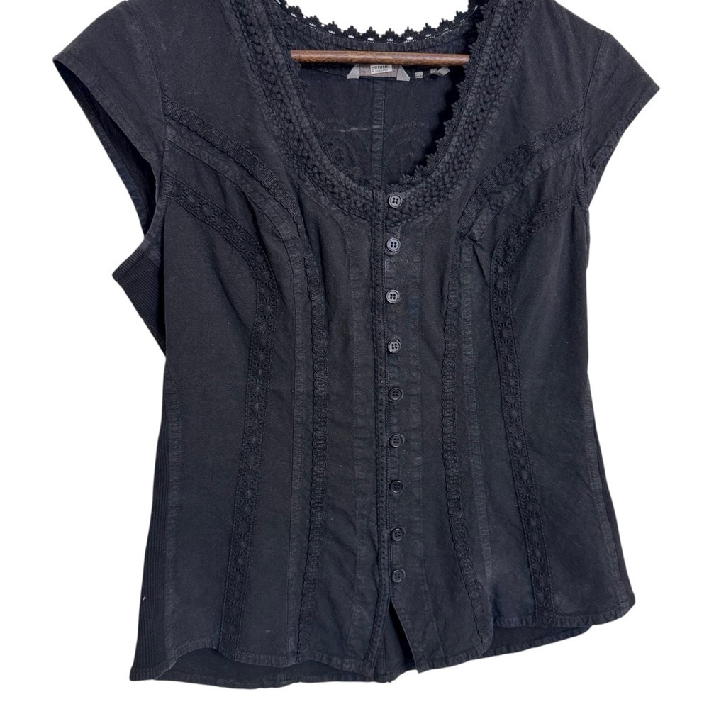 Soft Surroundings Black Button-Up Blouse with Embroidered Details 100% Cotton